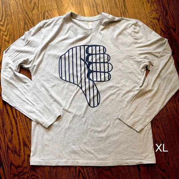NY Yankees Other - NY Yankees Grey Blue Long Sleeve Thumbs Down Crewneck Tee Shirt Size XL